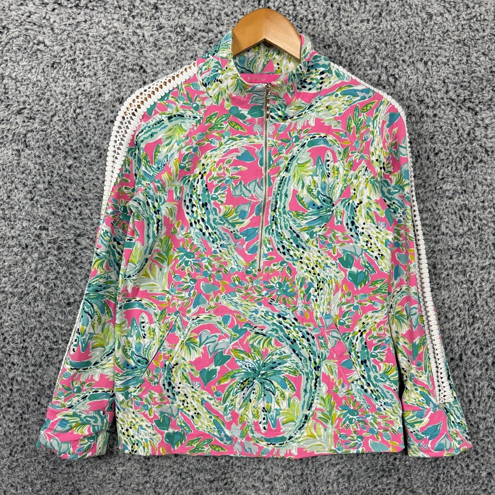 Lilly Pulitzer Sweatshirt Womens Small Pink Terry Tropical 1/2 Zip Pullover